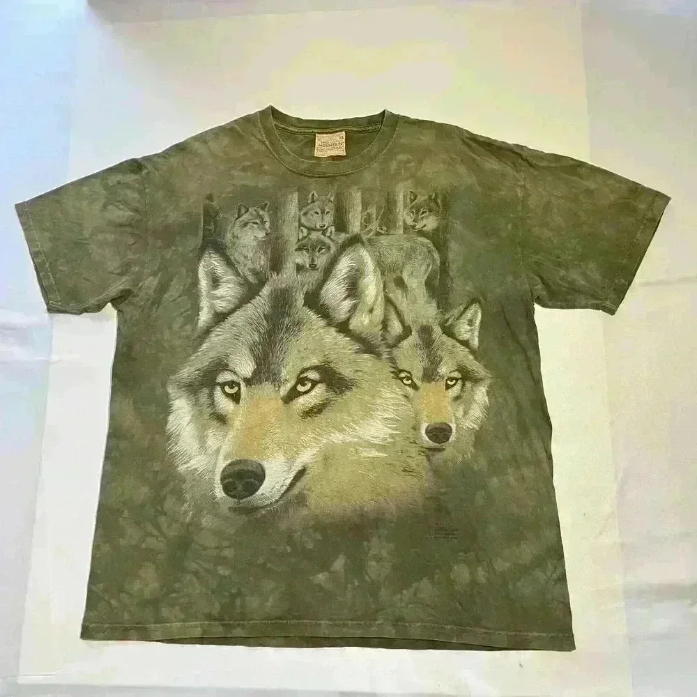 Vintage The Mountain T Shirt Wolf Pack Tie Dye All Over Graphic Thrashed RARE